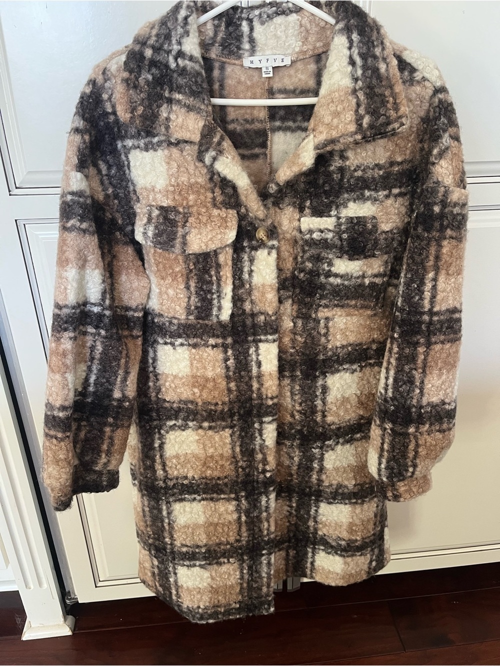 HYFVE Plaid Bouclé Pea Coat in Cream & Brown